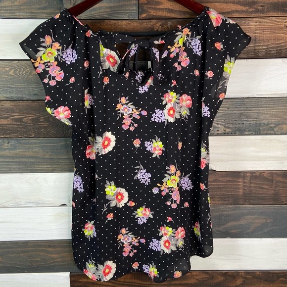 LC Lauren Conrad Black Floral Short Sleeve Blouse - Picture 5 of 8